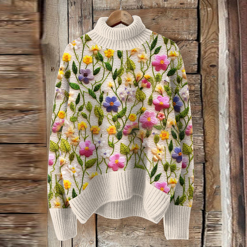 Vintage Embroidery Floral Art Knit Turtleneck Pullover Sweater elevenforest