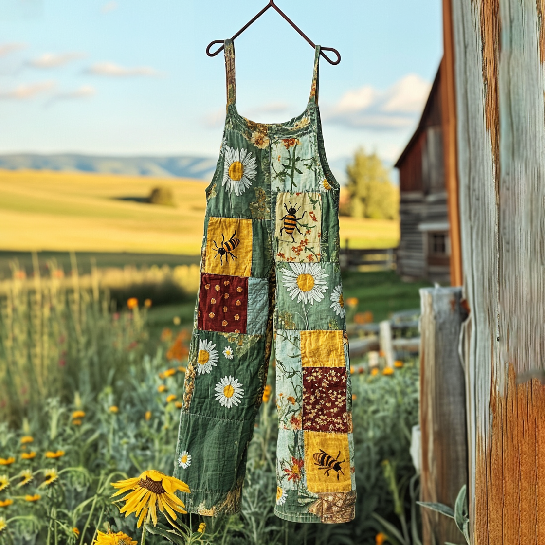 Farmland Sunflower Floral Bee Patchwork Print Linen Jumpsuit artswardrobe