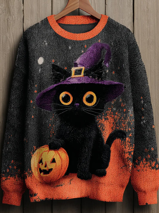 Women's Halloween Witch Black Cat Regular Sweater artswardrobe
