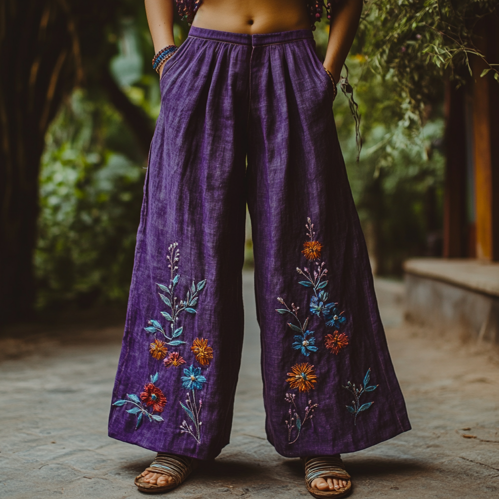Bohemian Holiday Style Linen Bohemian Floral Print Linen Long Loose Wide-leg Pants artswardrobe