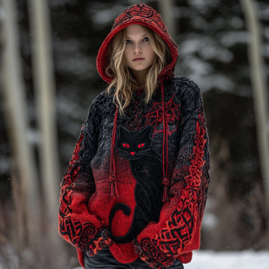 Women's Tribal Black Cat Gradient Art Chunky Knit Hooded Sweater artswardrobe