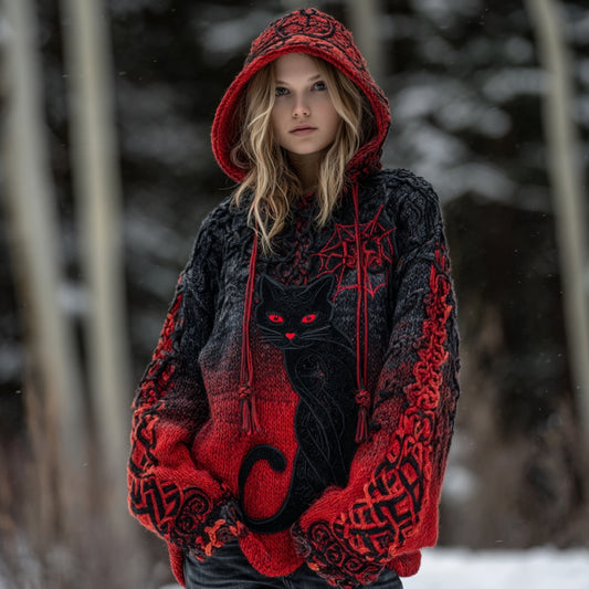 Women's Tribal Black Cat Gradient Art Chunky Knit Hooded Sweater artswardrobe