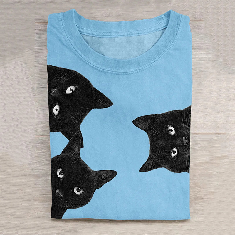 Unisex Black Cat Art Print Casual Tee elevenforest