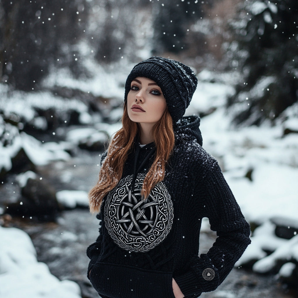 Women's Viking Tribal Jacquard Celtic Inspired Chunky Knit Hooded Sweater elevenforest