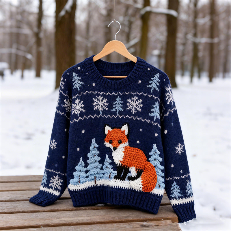Vintage Fox Snowing Forest Crochet Isle Sweater artswardrobe