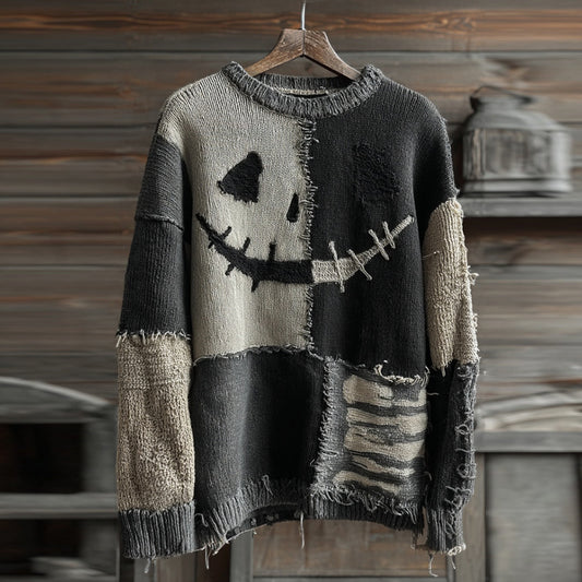 Vintage Halloween Face Contrast Stitched Knitted Crew Neck Cozy Sweater elevenforest