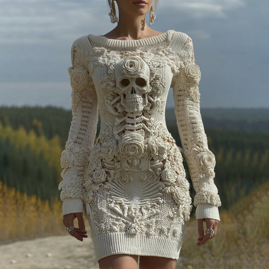 Women's Vintage Halloween Skull With Rose Art Cozy Knit Mini Sweater Dress artswardrobe