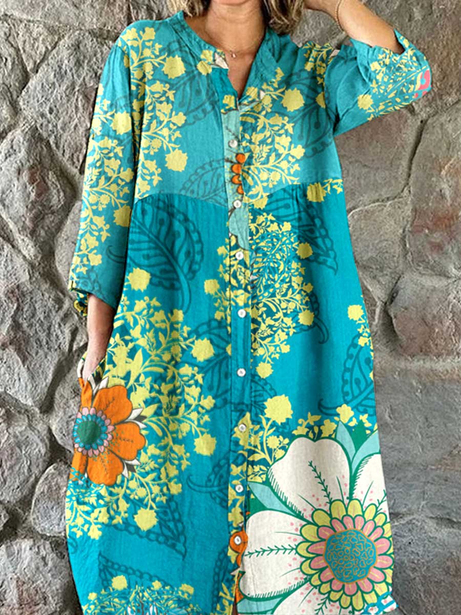 Women's Artistic Floral Pattern Cotton Shirt Dress