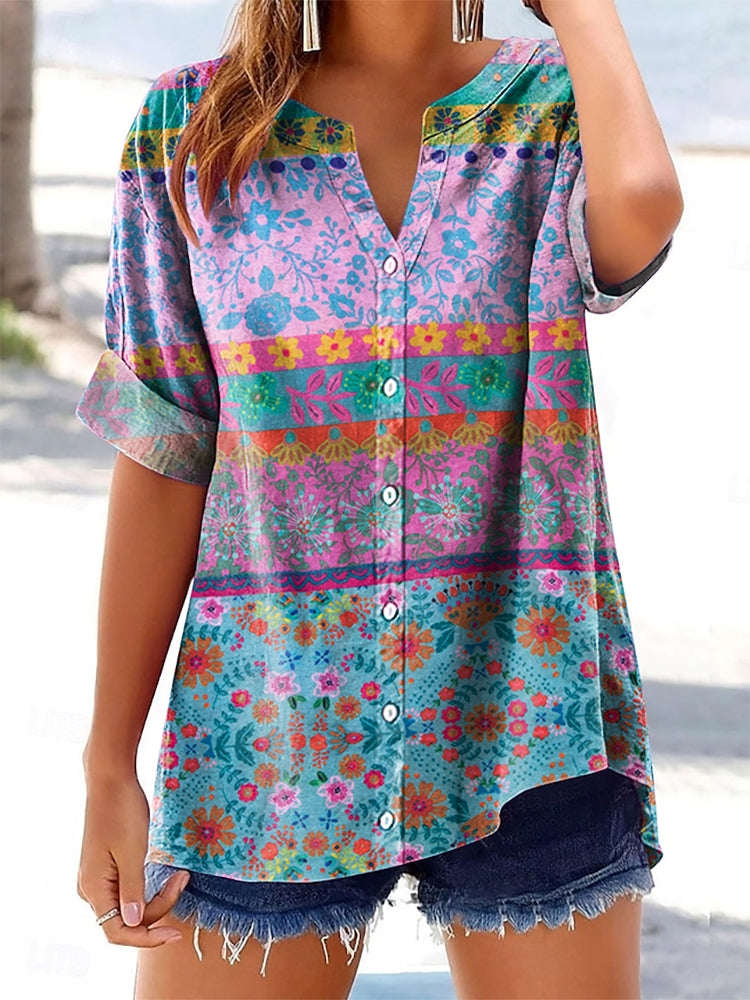 Women's Floral Pattern Art Print Casual Cotton Linen Short Sleeve Shir