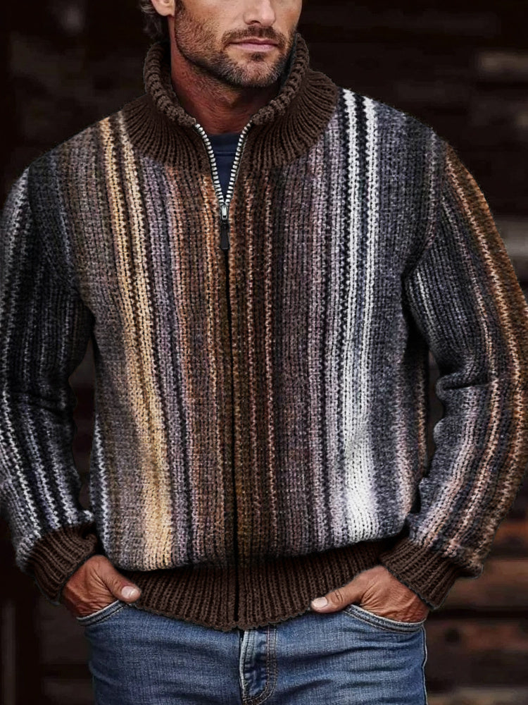 Men's Retro Earthy Striped Cozy Knit Full Zip Cardigan elevenforest
