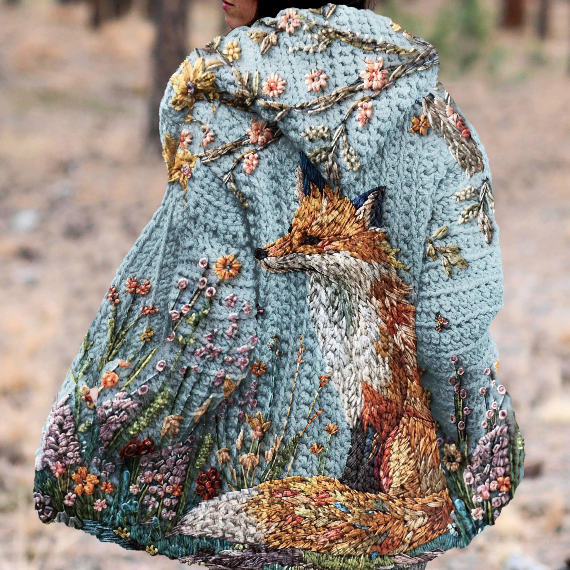 Fox Flower Embroidered Art Print Kint Hooded Cardigan artswardrobe