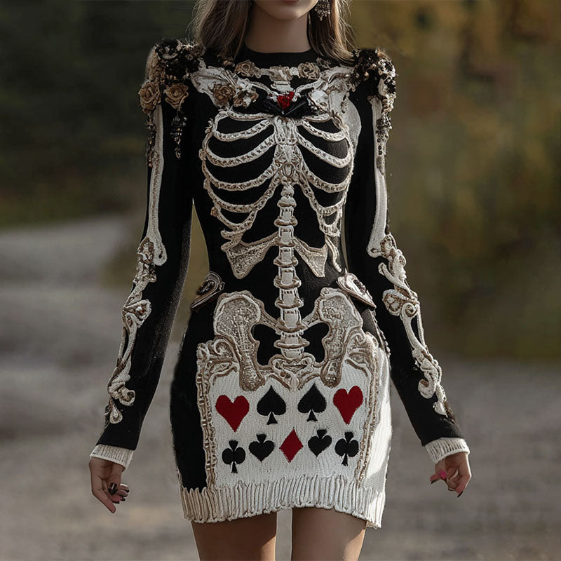 Women's Halloween Skeleton Bones With Circus Harlequin Poker Art Cozy Knit Mini Sweater Dress artswardrobe