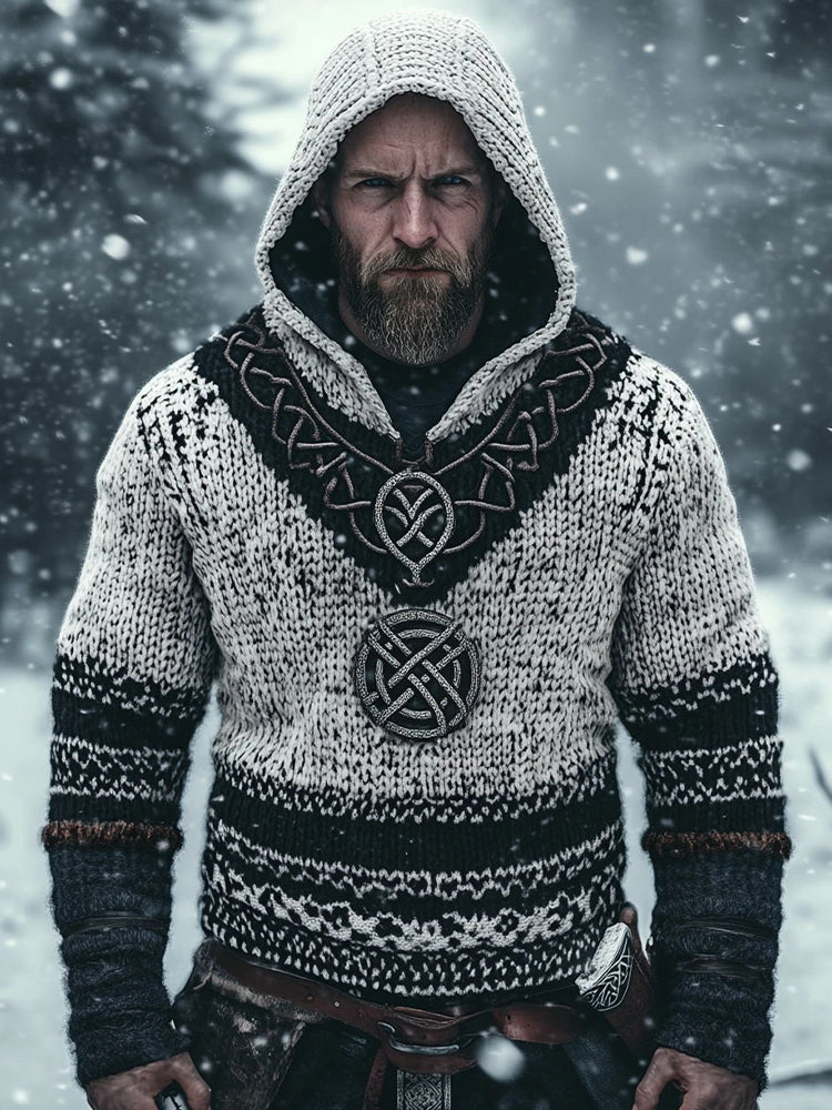 Men's Vintage Viking Style Jacquard Cozy Knit Hooded Sweater artswardrobe