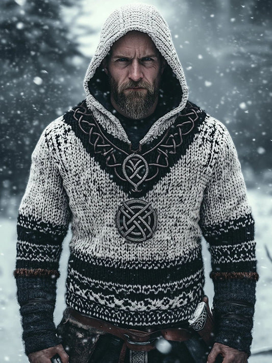 Men's Vintage Viking Style Jacquard Cozy Knit Hooded Sweater artswardrobe