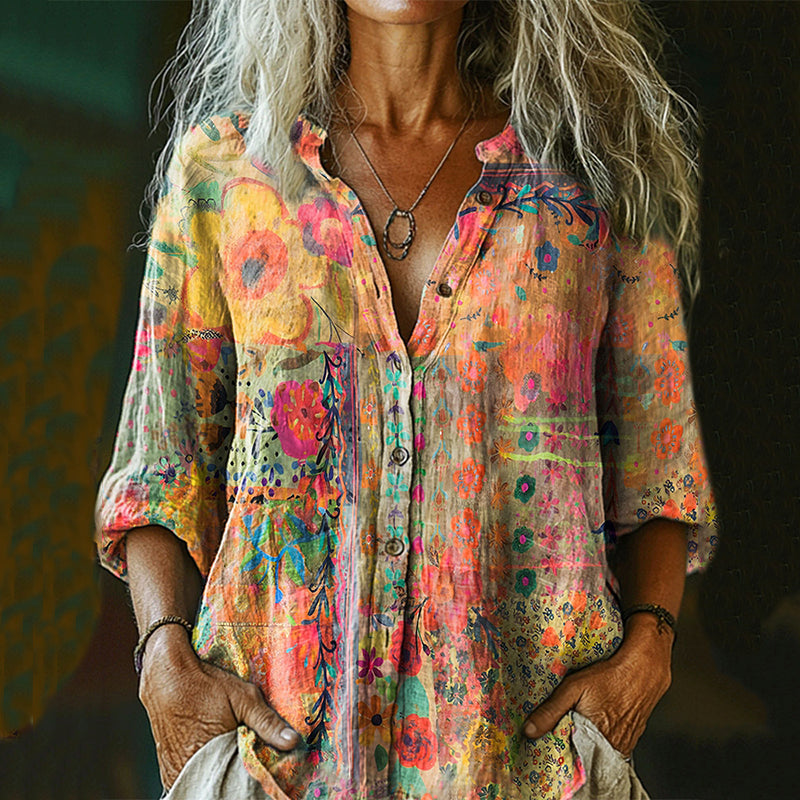 Comstylish Women's Vintage Watercolor Flower Collage Art Print Casual Cotton And Linen Shirt