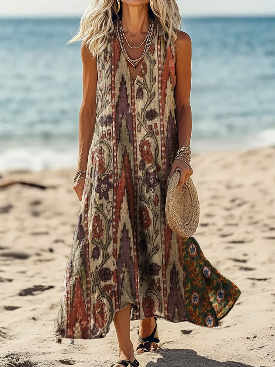 Women's Vintage Ethnic Flower Art Print V-Neck Sleeveless Cotton Pocke