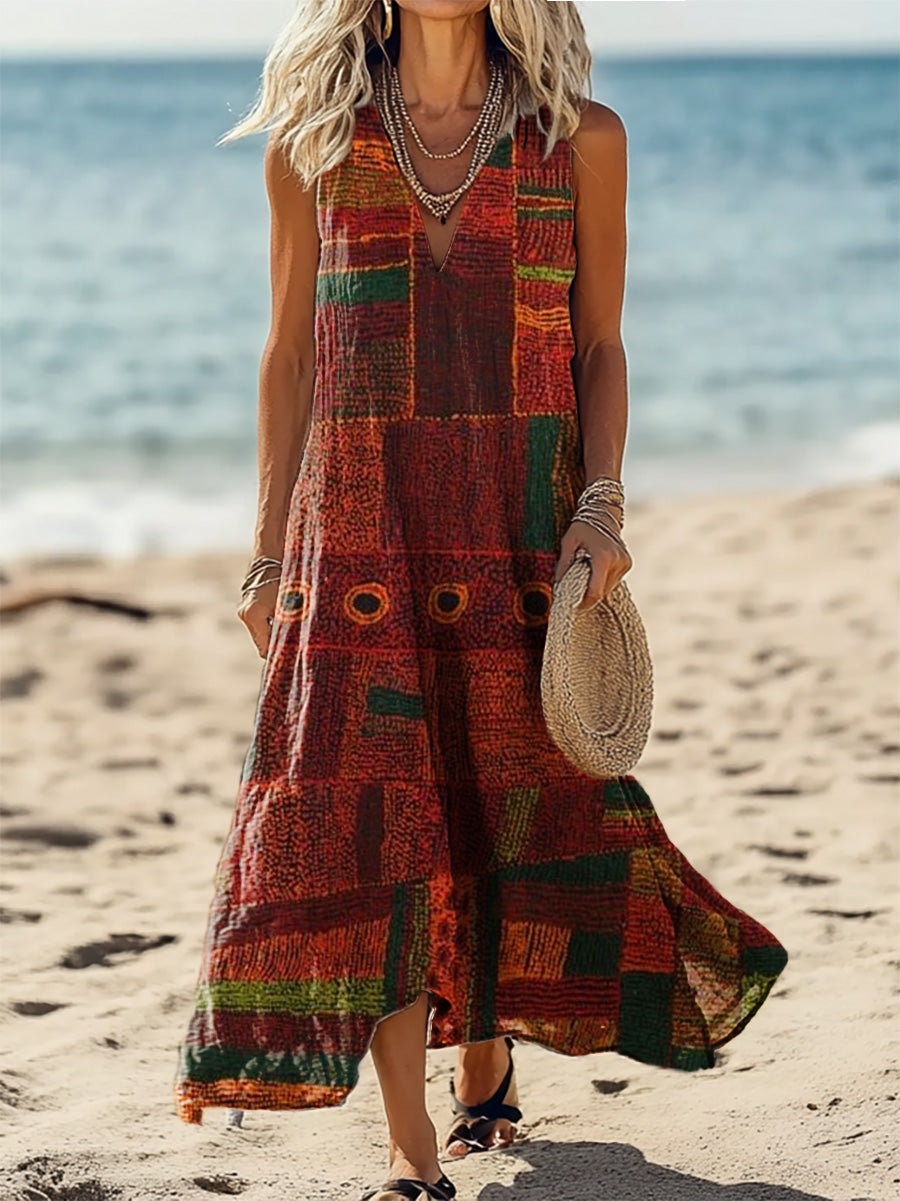 Women's Vintage Ethnic Art Print V-Neck Sleeveless Cotton Pocket Holid