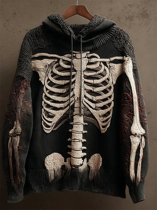 Halloween Skeleton Inspired Anatomy Cozy Knit Hooded Sweater elevenforest
