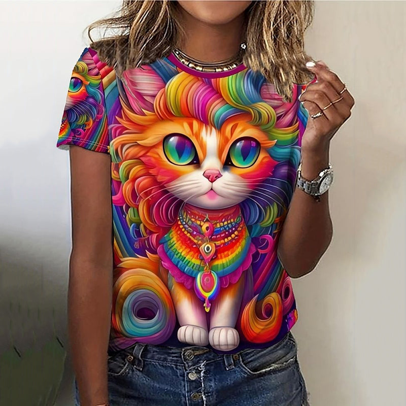 Comstylish Women's Rainbow Psychedelic Pop Art Cat Print T-shirt