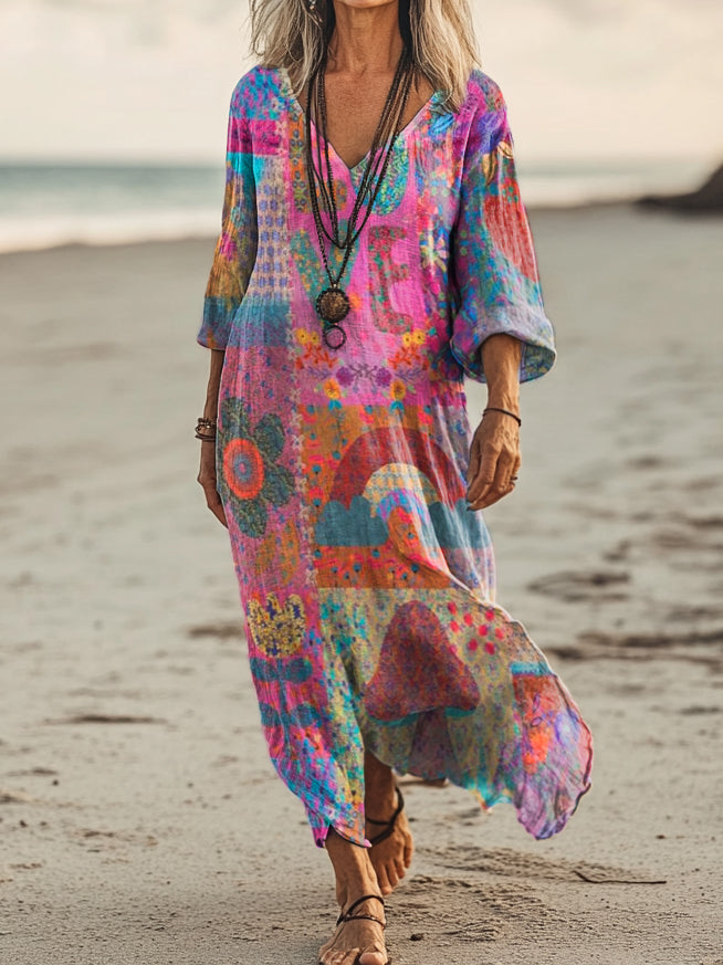 Women's Colorful Ethnic Flower Collage Art Print Pocket Cotton Dress