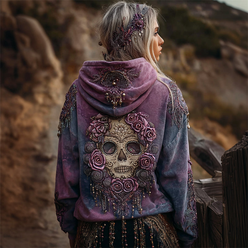 Comstylish Day Of The Dead Sugar Skull Roses Beaded Dyed Hoodie
