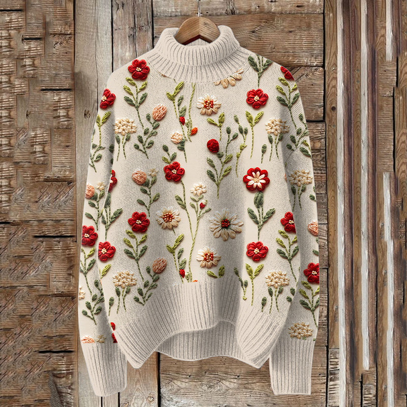 Vintage Floral Art Knit Turtleneck Pullover Sweater artswardrobe