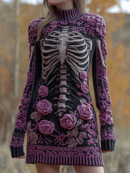 Vintage Skeleton Roses Crew Neck Knit Sweater Dress artswardrobe
