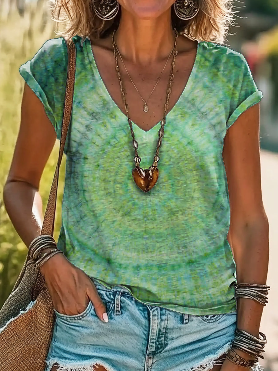 Women's Tie-Dye Art Print 100% Cotton V-Neck T-Shirt