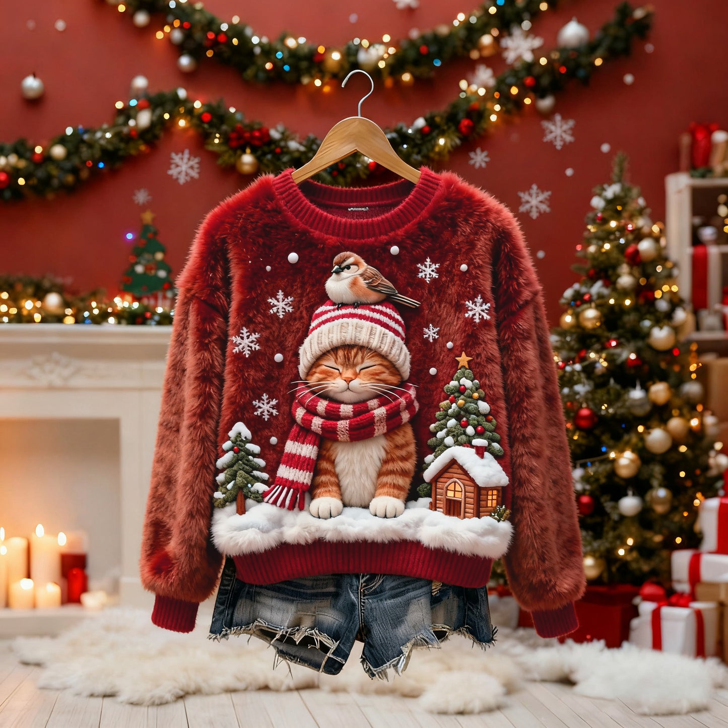 Women's Christmas Cat-themed Plush Sweater