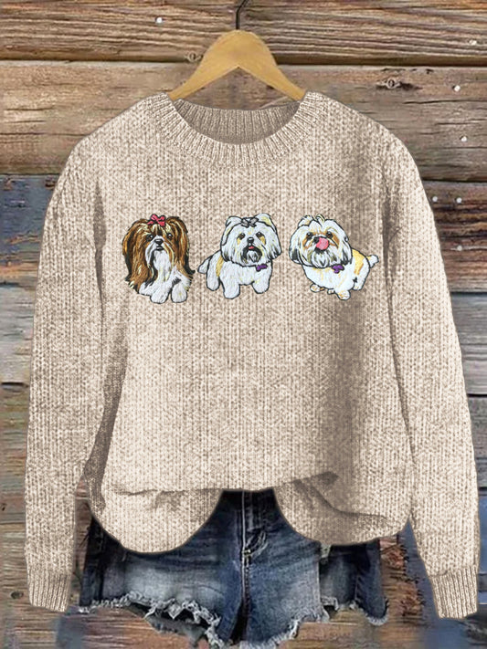 Comstylish Cute Shih Tzu Embroidered Women's Cozy Sweater