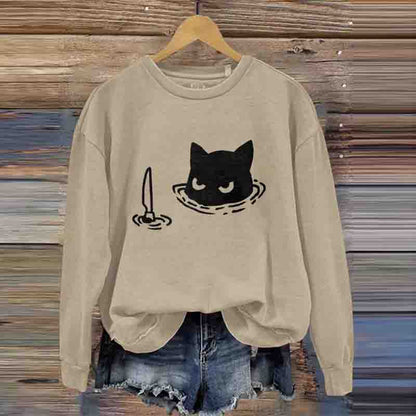Women's Funny Black Cat Assassin Abstract Art Painting Sweatshirt elevenforest