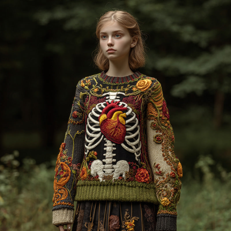 Vintage Halloween Anatomical Heart And Floral Art Sweater artswardrobe