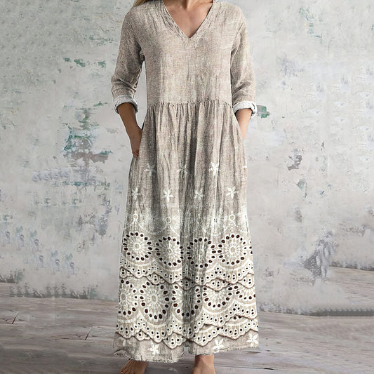 Vintage Floral Embroidered Lace Art Women's Linen Dress artswardrobe