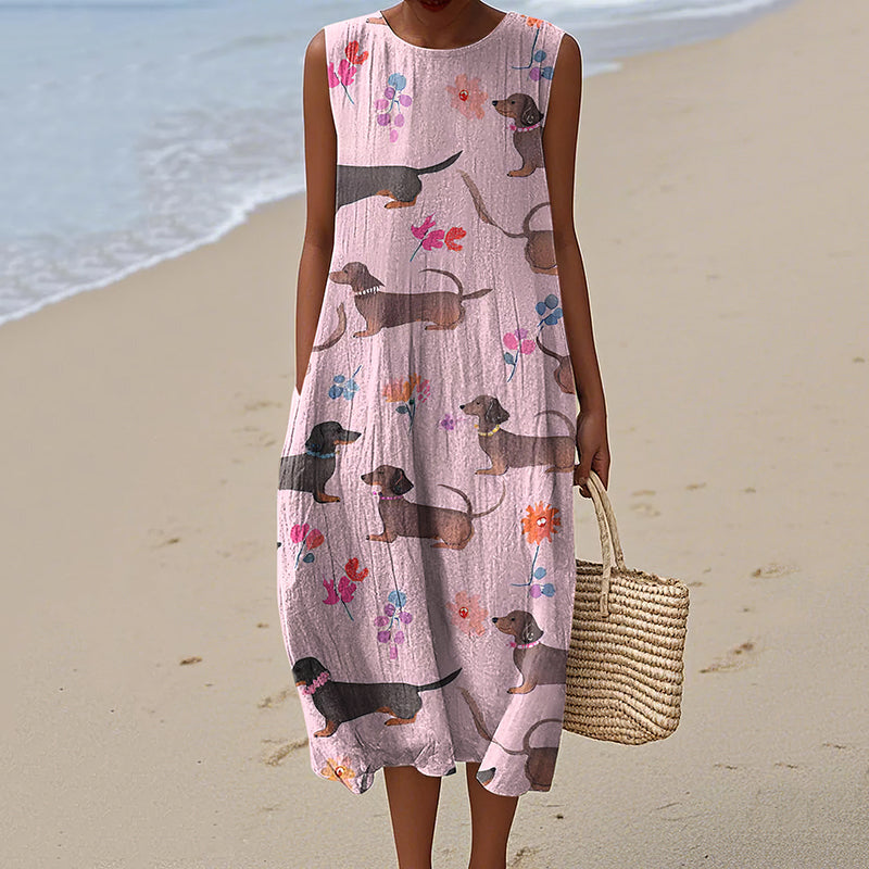 Comstylish Retro Sausage Dog Cute Dachshund Art Linen Tank Midi Dress