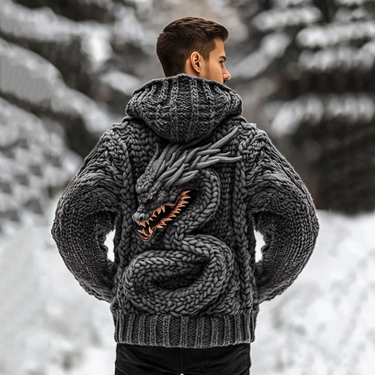 Men's Viking Tribal Dragon Jacquard Celtic Inspired Cozy Hooded Sweater artswardrobe