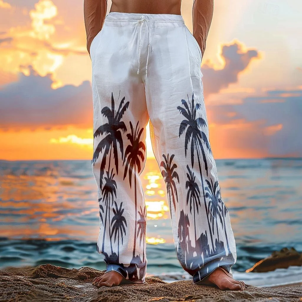 Vintage Hawaii Beach Printed Art Linen Blend Casual Pants artswardrobe