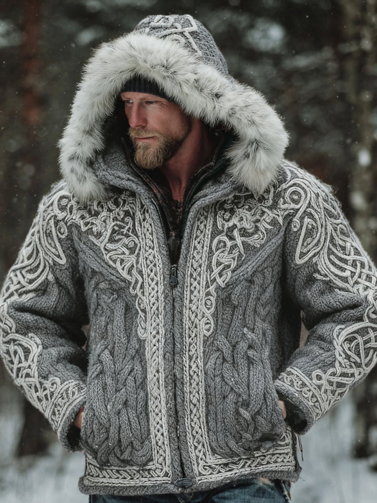 Men's Christmas Santa Celtic Art Warm Hooded Knit Sweater Jacket artswardrobe