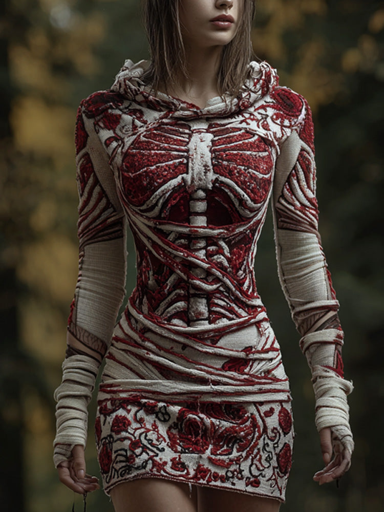 Halloween Skull Floral Knitted Warm Hooded Sweater artswardrobe