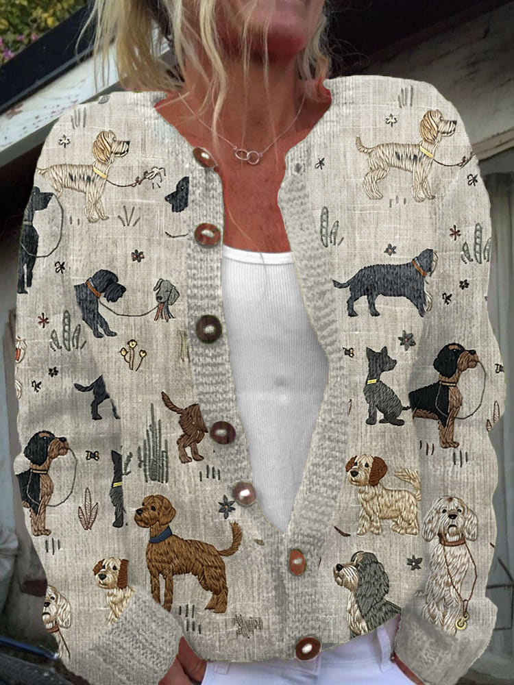 Comstylish Funny Dogs Embroidery Pattern Cozy Knit Cardigan