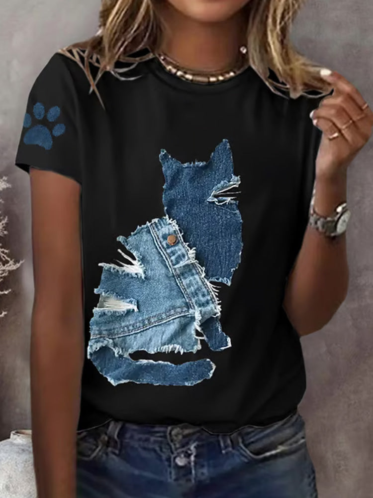 Women's Retro Funny Denim Patch Animal Cat Print T-shirt artswardrobe