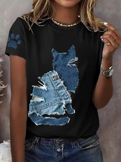 Women's Retro Funny Denim Patch Animal Cat Print T-shirt artswardrobe