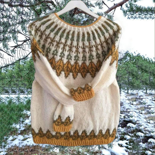 Vintage Yellow Icelandic Knit Jacquard Warmth Crew Neck Sweater Unisex elevenforest