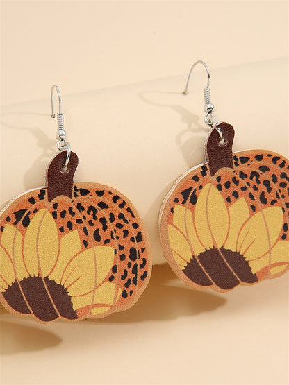 Leopard Sunflowers Pumpkin Leather Earrings artswardrobe