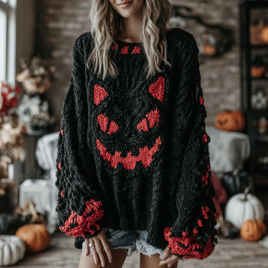 Halloween Black Smiley Face Contrast Knitted Cozy Sweater artswardrobe
