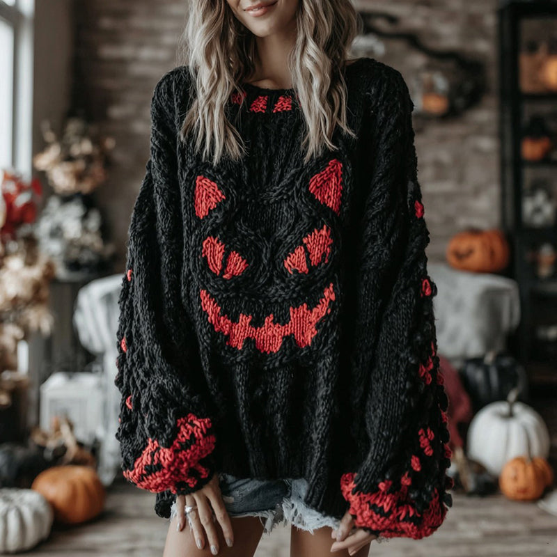 Halloween Black Smiley Face Contrast Knitted Cozy Sweater elevenforest