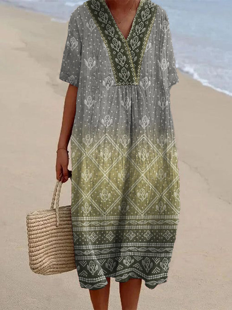 Japanese Art Floral Pattern Linen Blend Midi Dress