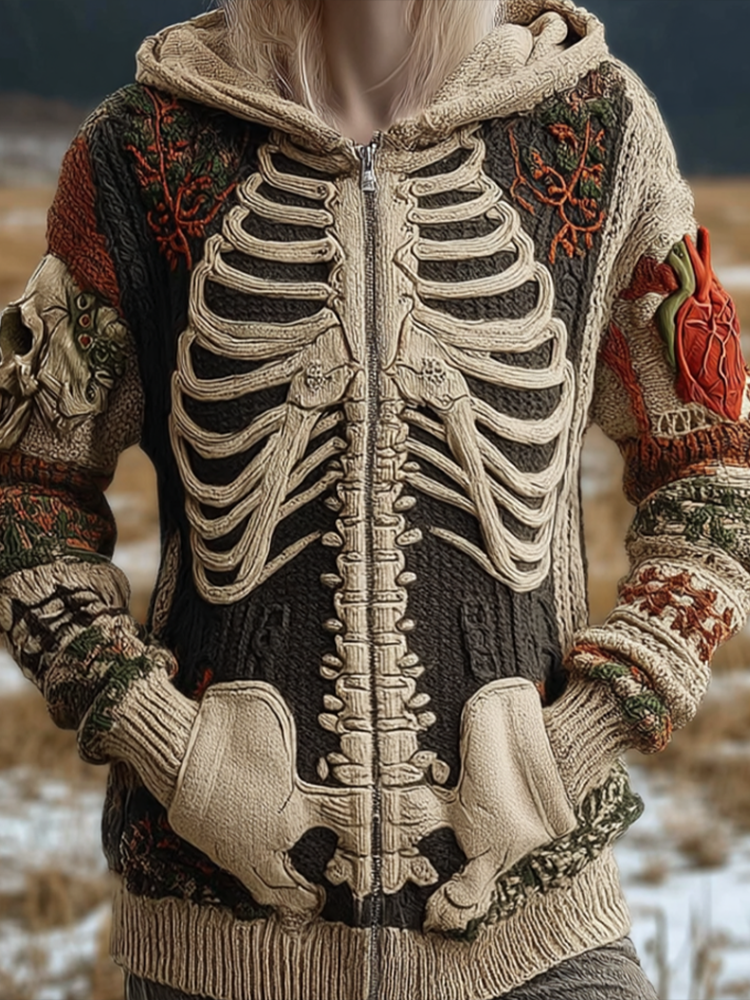 Halloween Skeleton Pattern Women's Knit Hooded Sweater Jacket artswardrobe