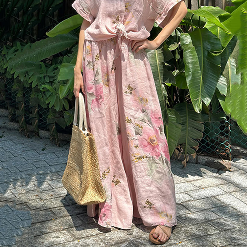 Women's Pink Floral Print Short Sleeve Pants Two-piece Set artswardrobe