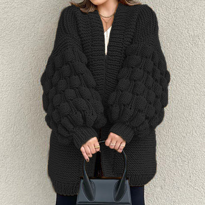 Retro Loose Puff Sleeves Thick Wool Knitted Cardigan elevenforest