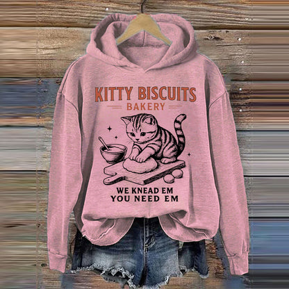 Women's Cute Kitty Biscuits Bakery Print Hoodie elevenforest